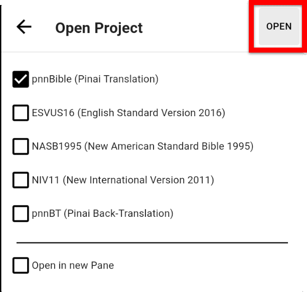 project or resource tap open button